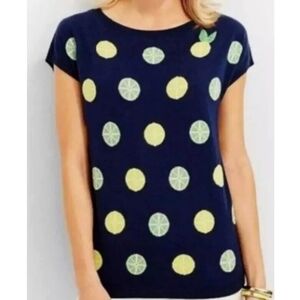 Talbots Lemon Lime Print Beaded Navy Blue Sweater Knit Top